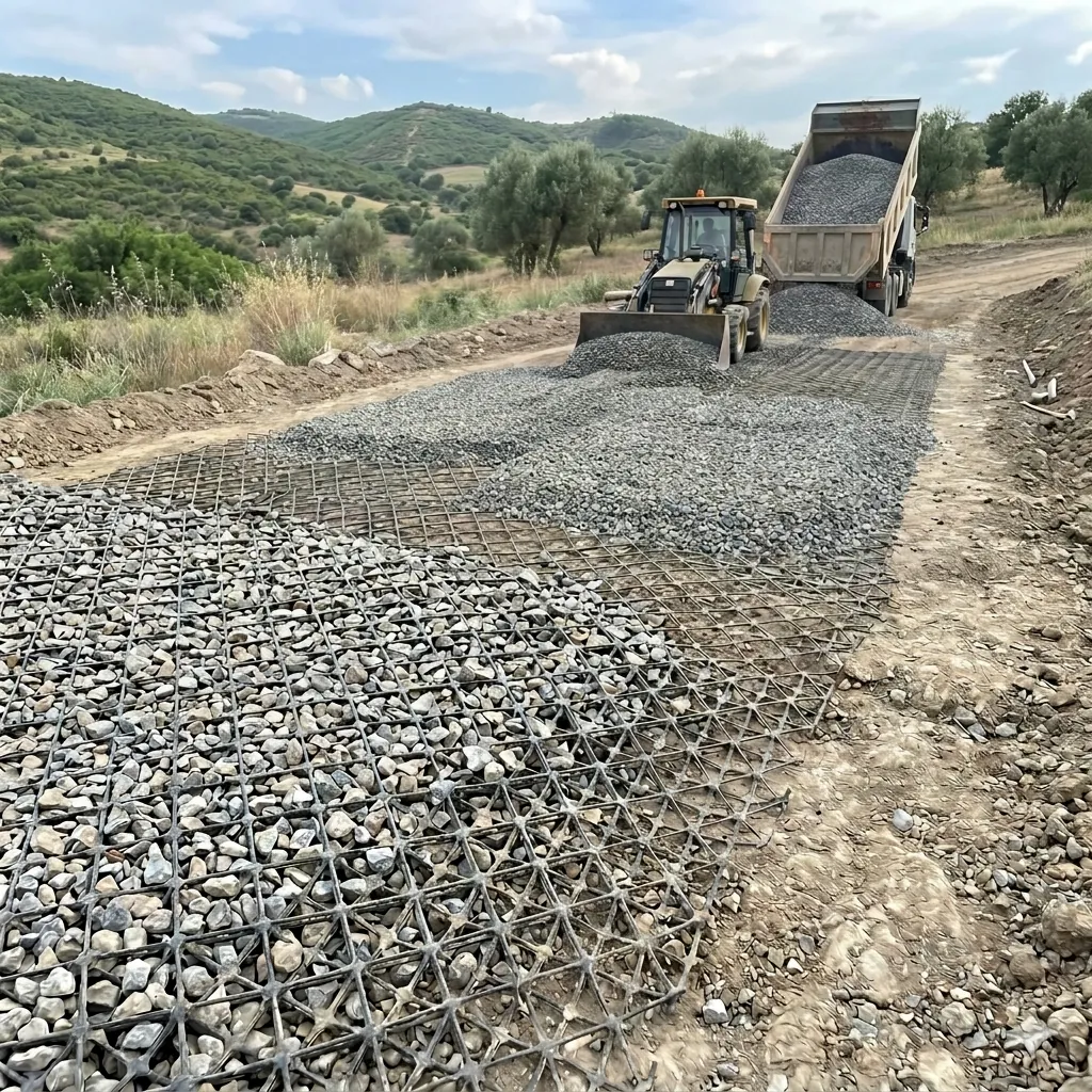 Géogrille triaxiale recouverte de gravier sur une piste
